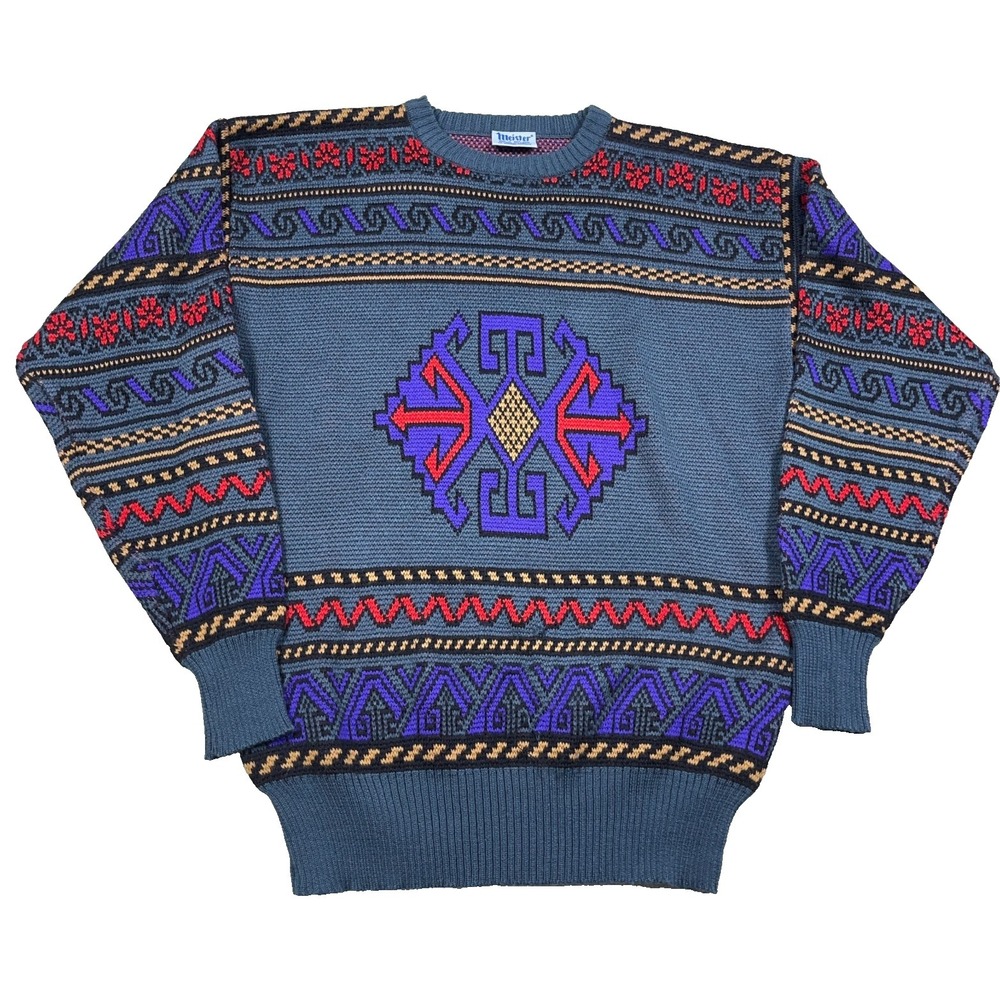 Vintage‎ Grandpa Sweater Men XL Gray Purple Geometric Acrylic Wool Knit Golf 90s